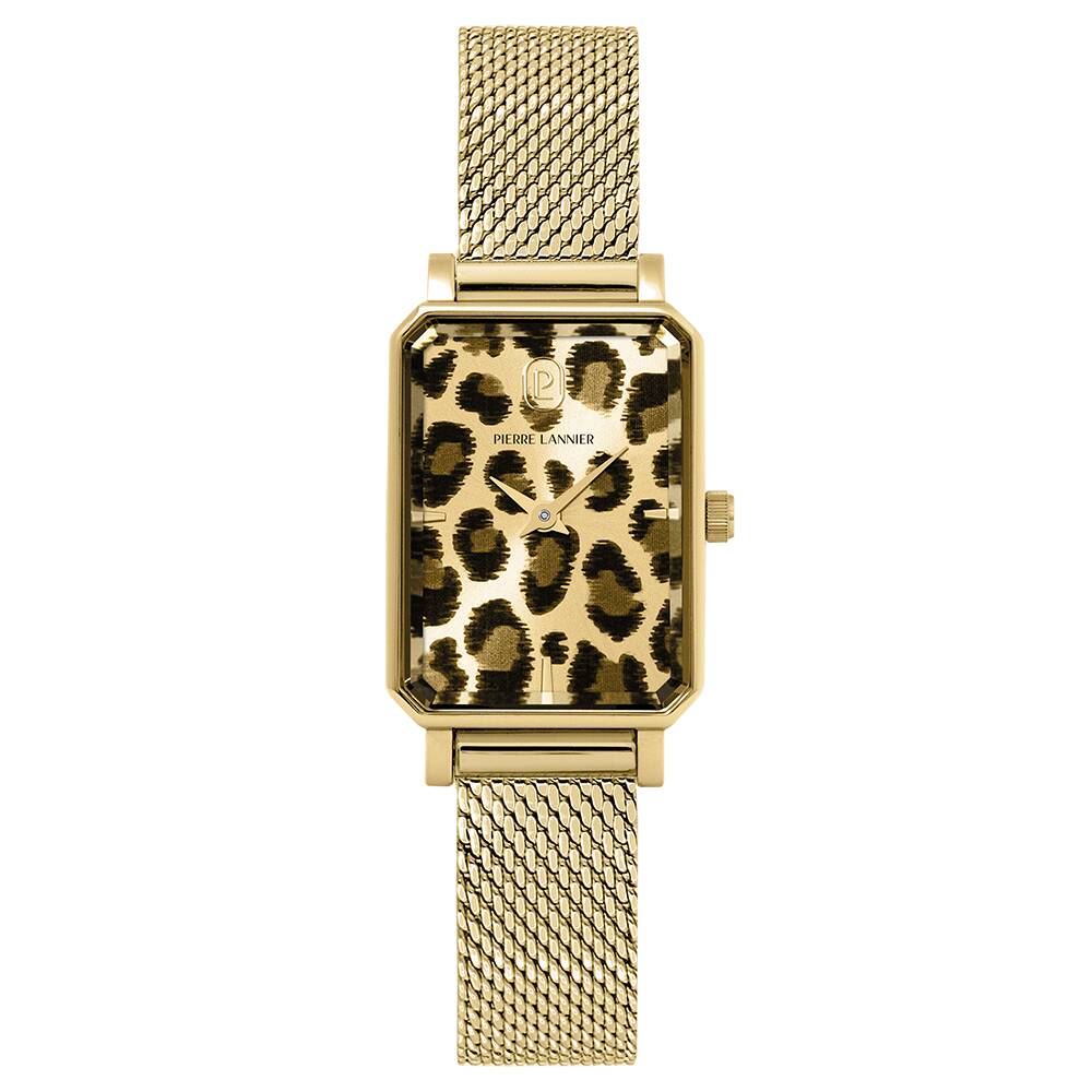 PIERRE LANNIER Ladies Quartz Watch ARIANE Leopard Dial Gold Milanese stainless steel 12MM Strap 006L592