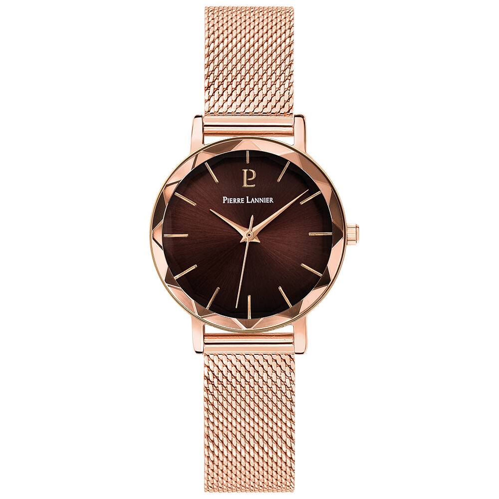 PIERRE LANNIER Ladies Quartz Watch MULTIPLES Sunray Brown Dial Rose Gold Milanese stainless steel 14MM Strap 010P988