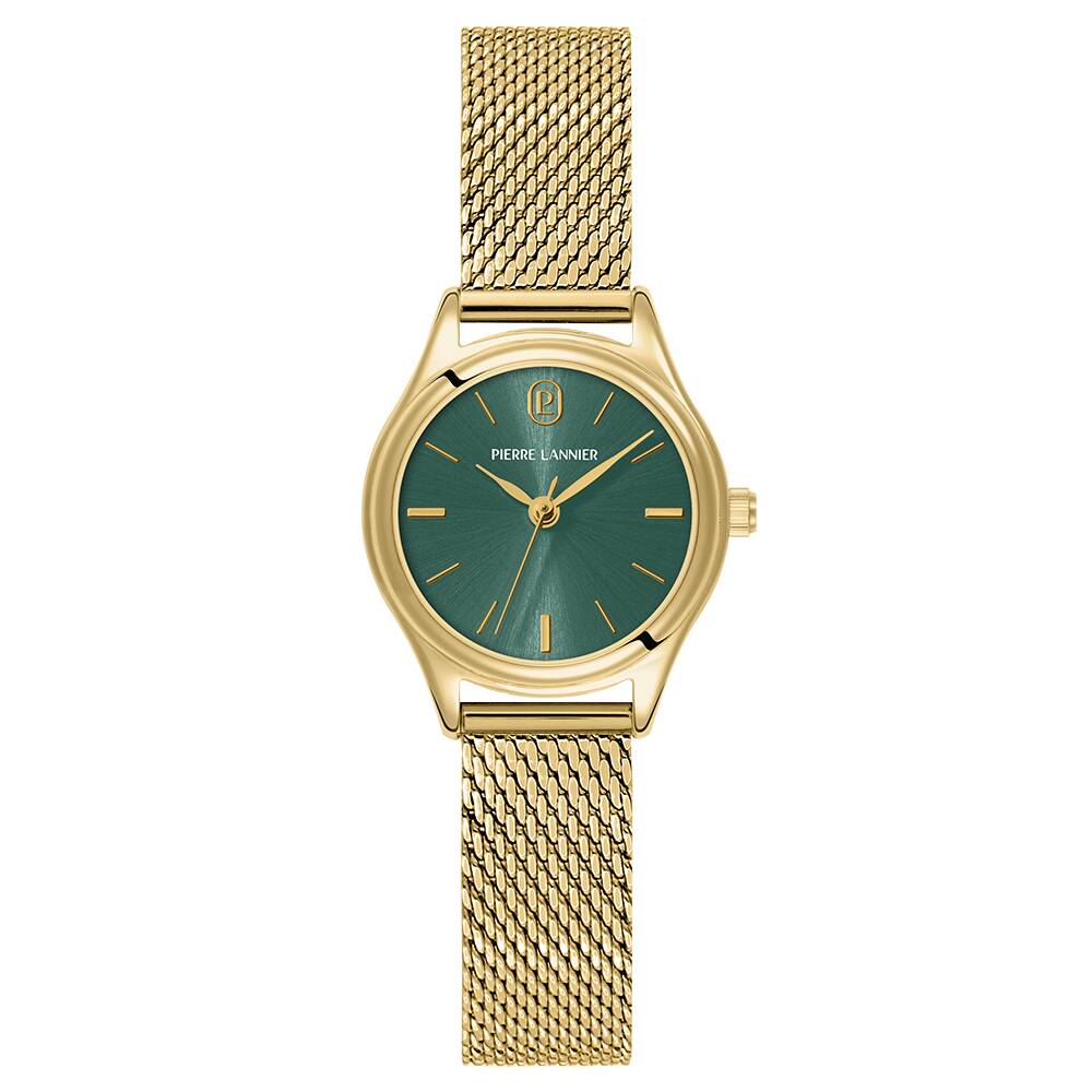 PIERRE LANNIER Ladies Quartz Watch PYA Sunray Green Dial Gold Milanese stainless steel 12MM Strap 021K572