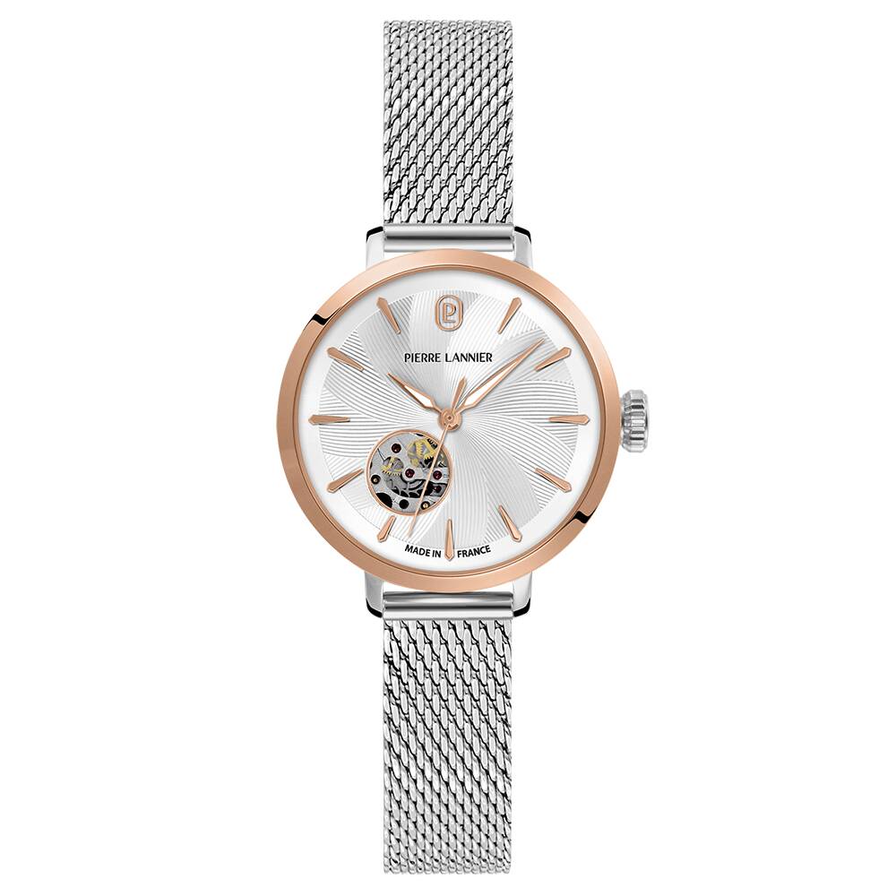 PIERRE LANNIER Ladies Automatic Watch SOLINE Sunray Silver Dial Silver Milanese stainless steel 12MM Strap 138F921