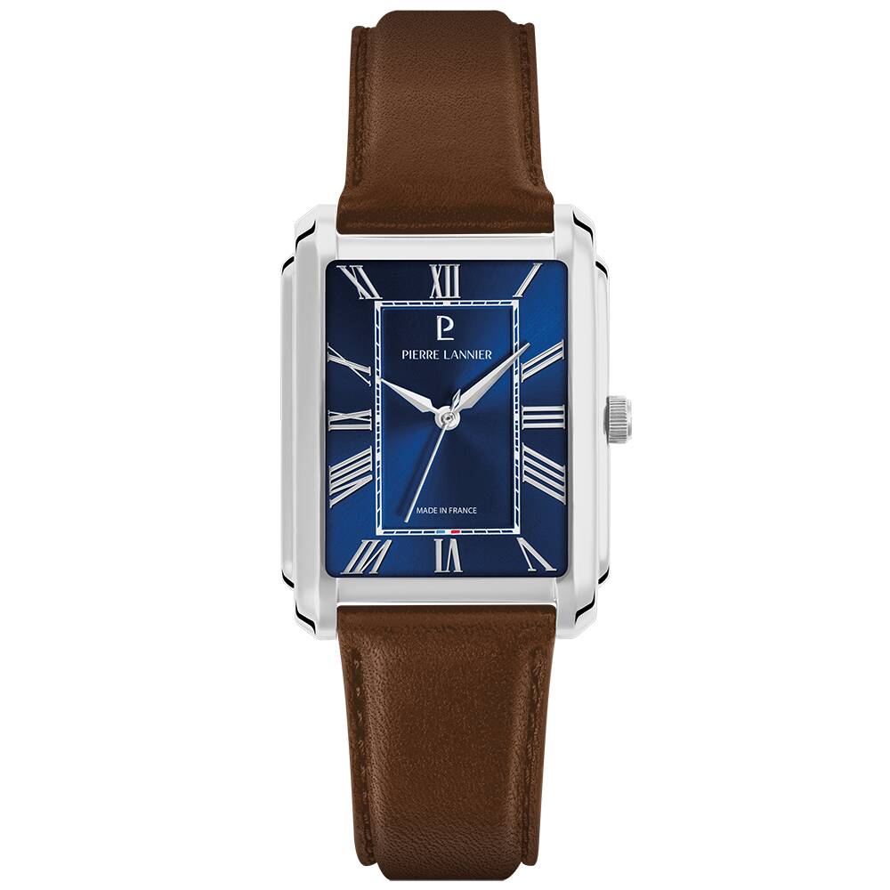 PIERRE LANNIER Men Quartz Watch EMPIRE Sunray Blue Dial Brown Leather 20MM Strap 212G164