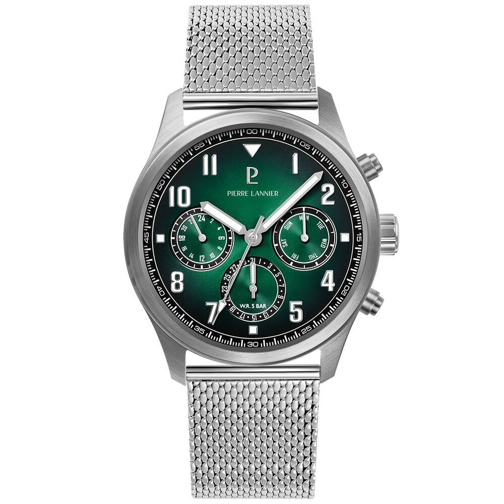 PIERRE LANNIER Men Quartz Watch AVIATEUR Sunray Green Dial Silver Milanese stainless steel 22MM Strap 257H171