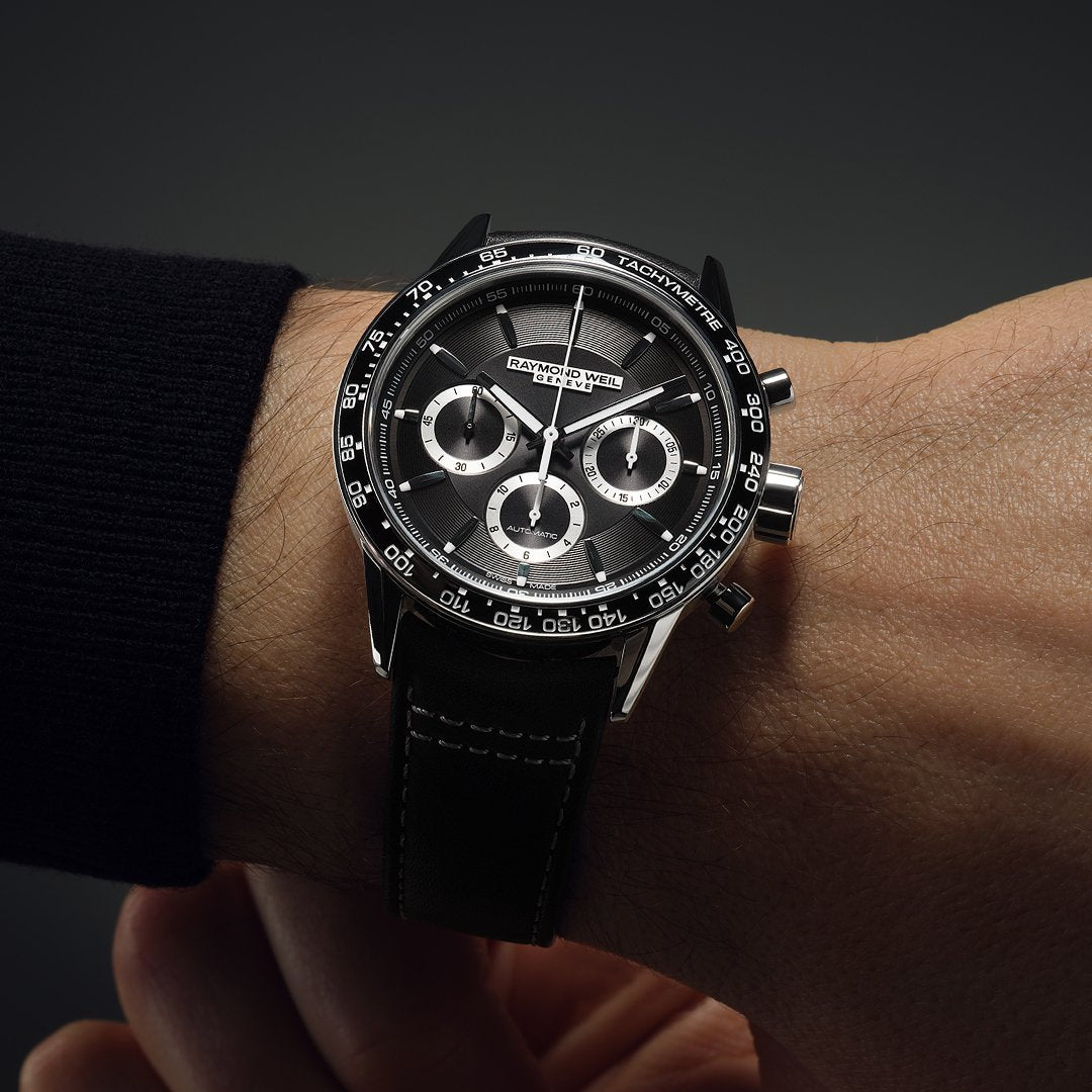 Raymond Weil Freelancer 男士自动计时码表黑色皮革表带 7741-SC1-20021
