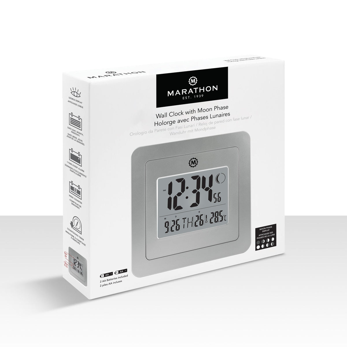 Marathon BASICS Digital Wall Clock with Moon Phase