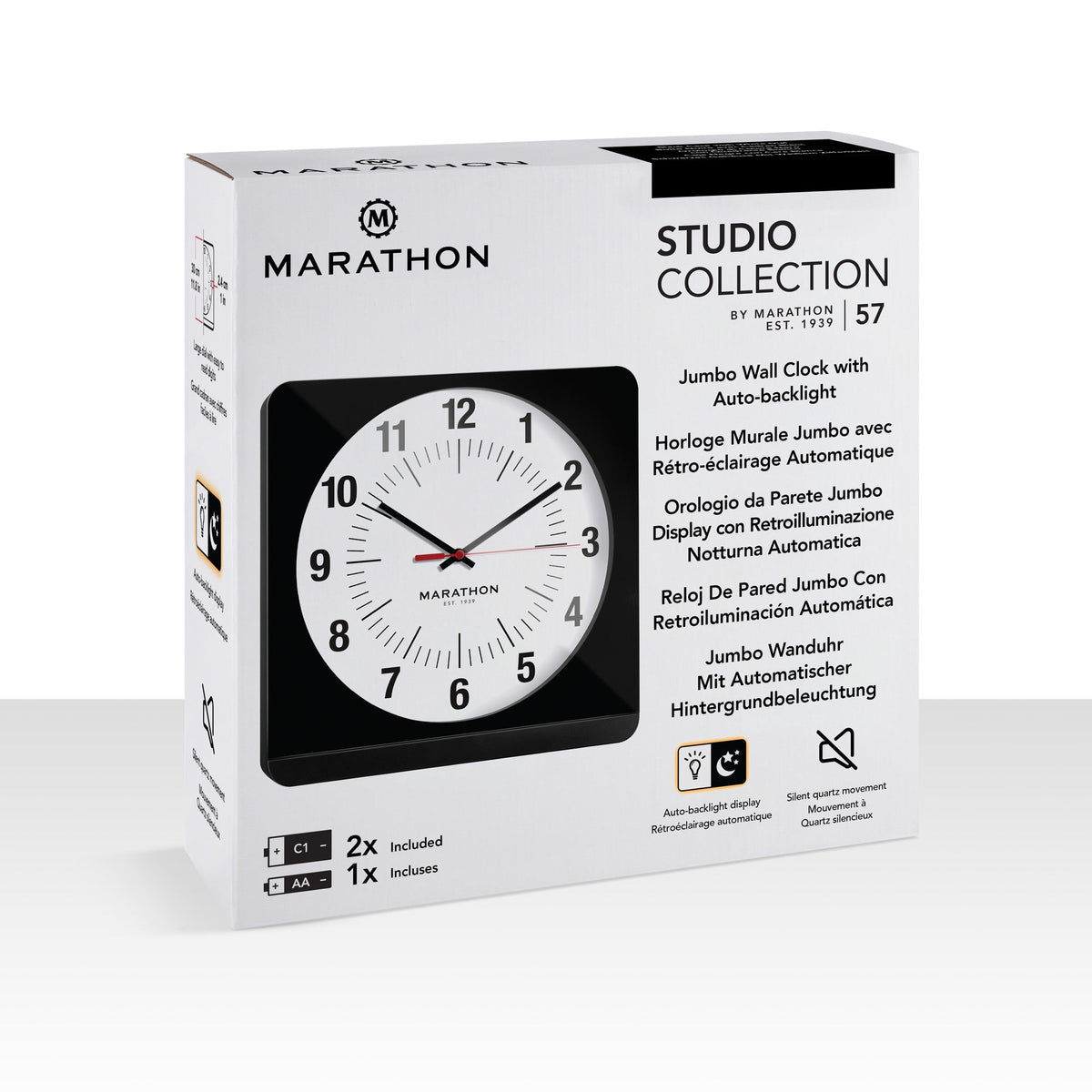 Marathon Studio Edition Jumbo 12 Inch Analog Wall Clock with Auto Backlight - Black