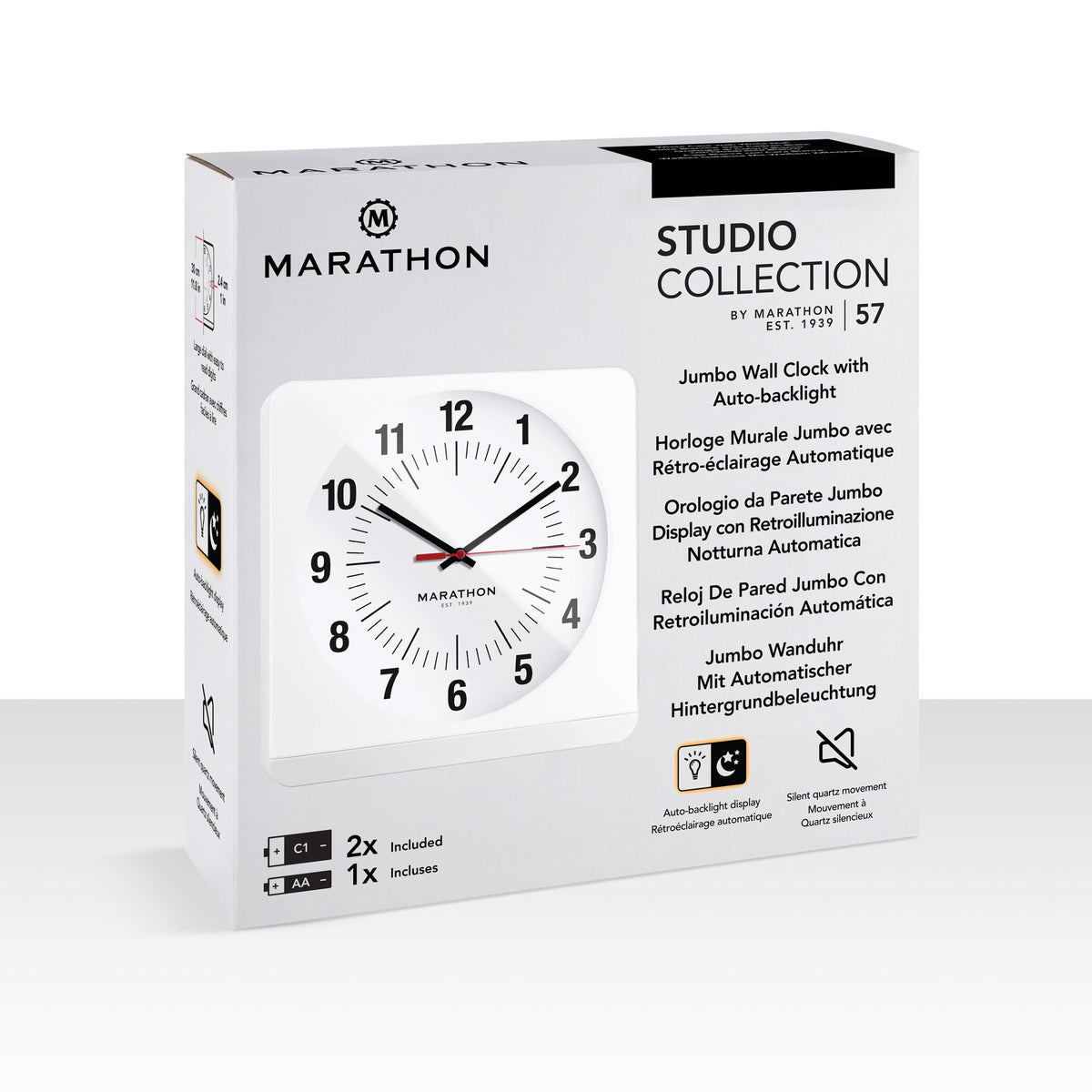 Marathon Studio Edition Jumbo 12 Inch Analog Wall Clock with Auto Backlight - White