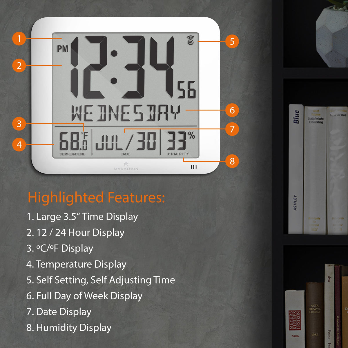 Marathon Slim Self-Setting Wall Clock with Full Calendar Display, Temperature & Humidity