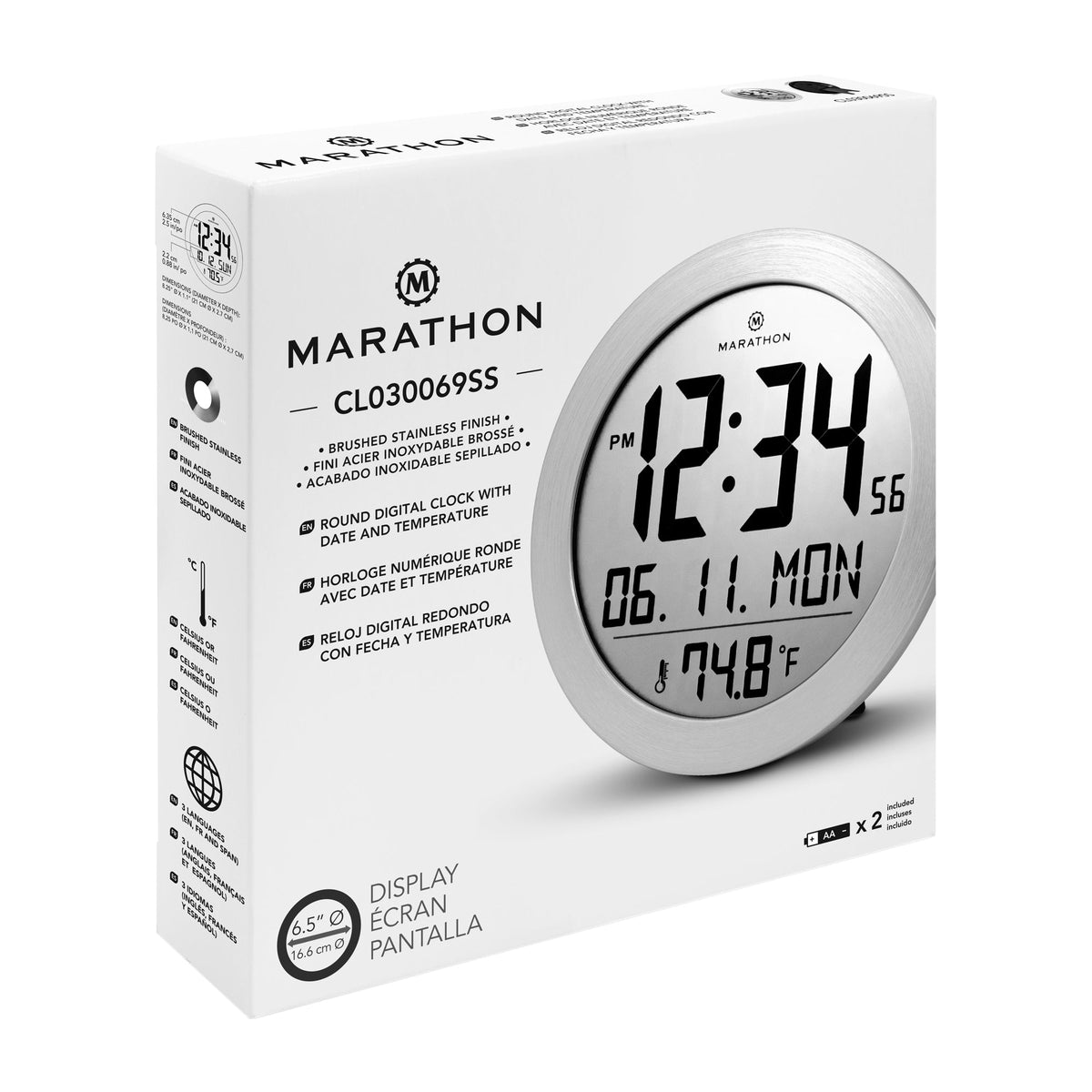 Marathon 8 Inch Round Digital Wall Clock with Date & Indoor Temperature