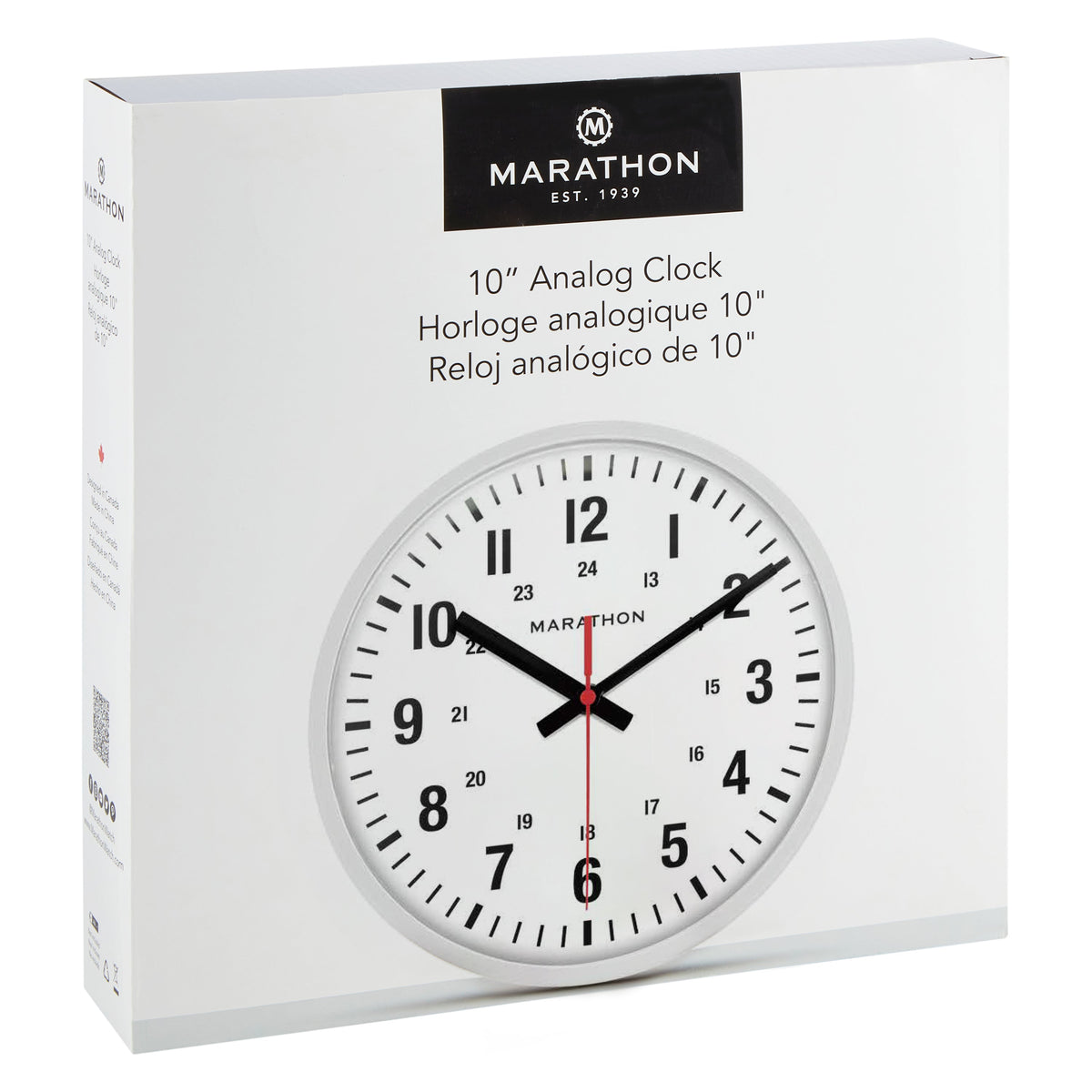 Marathon 10 Inch Silent Continuous-Sweep Analog Wall Clock - White