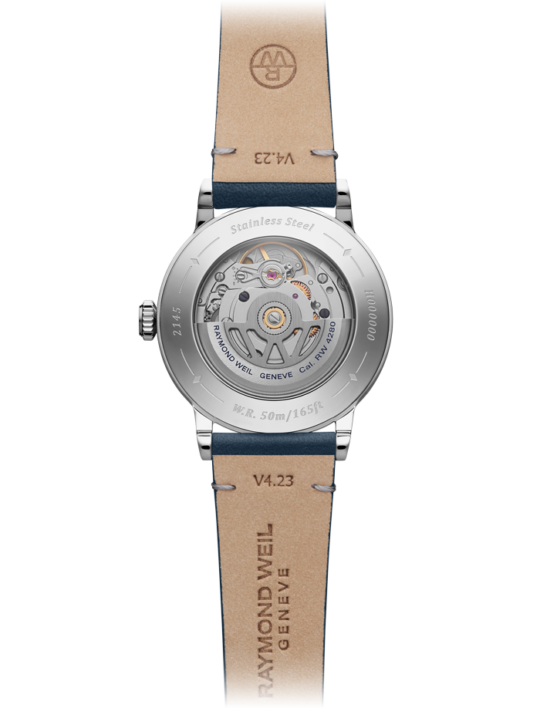 Raymond Weil Millesime 女士自动月相牛仔蓝色表盘皮革表带 2145-SCS-05511