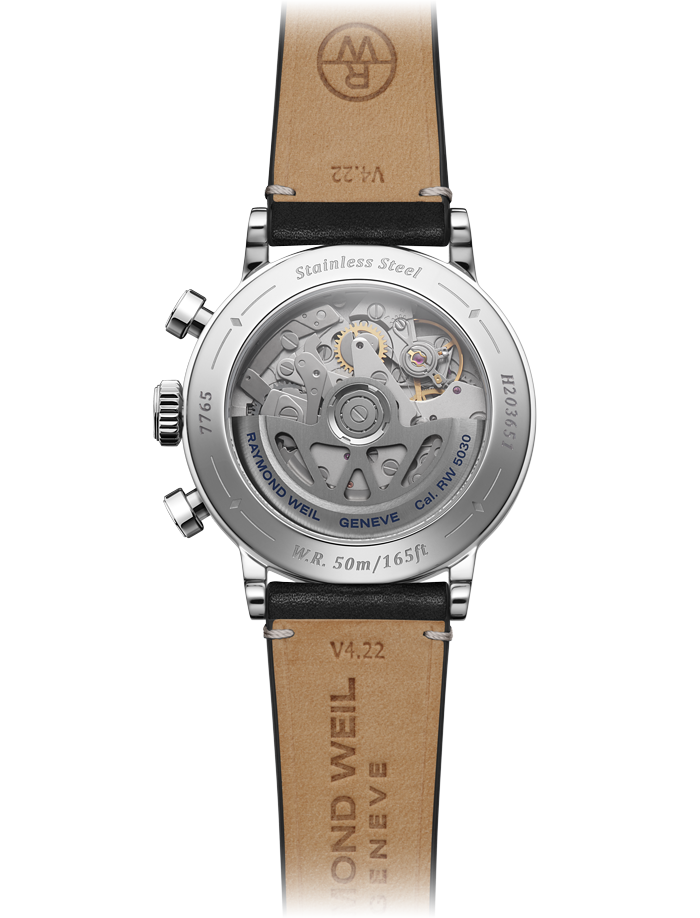 Raymond Weil Millesime男士自动计时黑色表盘黑色皮革表带7765-STC-20001