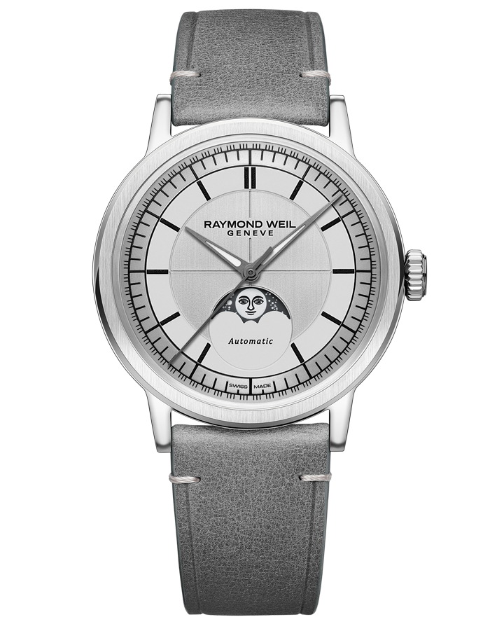 Raymond Weil Millesime Men's Automatic Moonphase Silver Dial Leather Strap Watch, 39.5mm (2945-STC-65001)