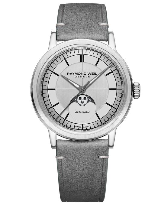 Raymond Weil Millesime Men's Automatic Moonphase Silver Dial Leather Strap Watch, 39.5mm (2945-STC-65001)