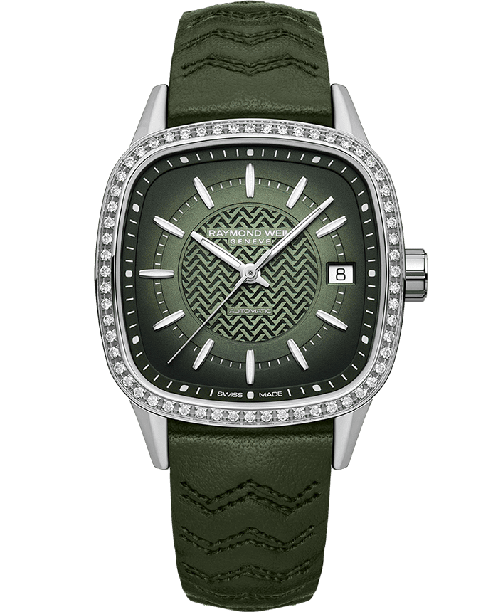 Raymond Weil Freelancer Ladies Automatic Green Dial Leather Watch, 34.5 x 34.5 mm (2490-SCS-52051)