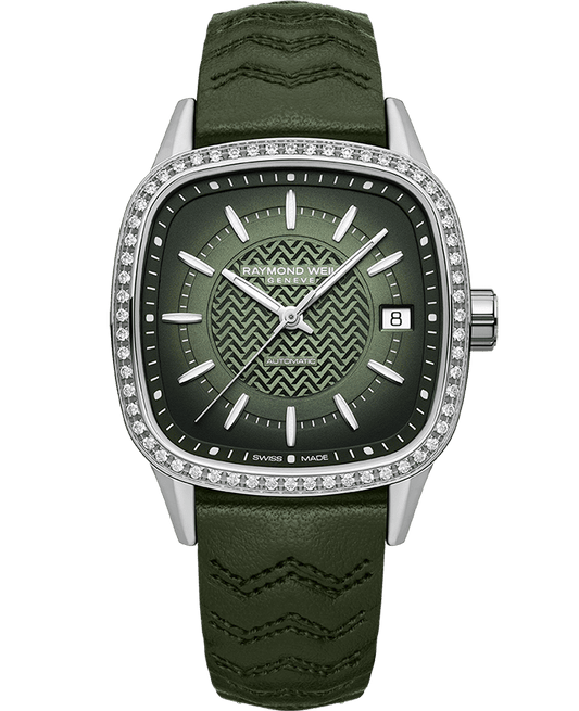 Raymond Weil Freelancer Ladies Automatic Green Dial Leather Watch, 34.5 x 34.5 mm (2490-SCS-52051)