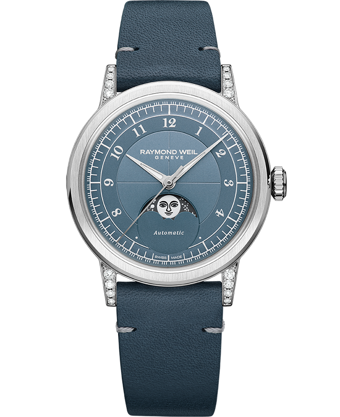 Raymond Weil Millesime Ladies Automatic Moonphase Denim Blue Dial Leather Strap Watch, 35mm (2145-SCS-05511)