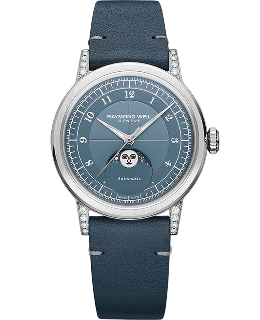 Raymond Weil Millesime Ladies Automatic Moonphase Denim Blue Dial Leather Strap Watch, 35mm (2145-SCS-05511)