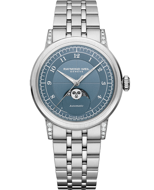 Raymond Weil Millesime Ladies Automatic Moonphase Denim Blue Dial Bracelet Watch, 35mm (2145-STS-05511)