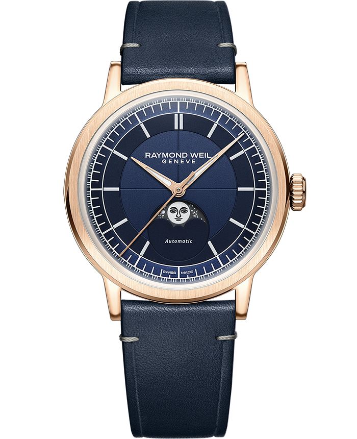Raymond Weil Millesime Men's Automatic Moonphase Midnight Blue Dial Leather Strap Watch, 39.5mm (2945-PC5-50001)