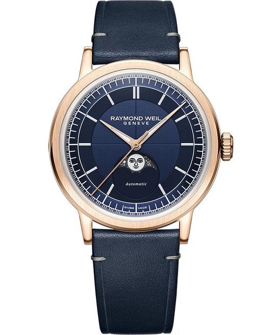 Raymond Weil Millesime Men's Automatic Moonphase Midnight Blue Dial Leather Strap Watch, 39.5mm (2945-PC5-50001)