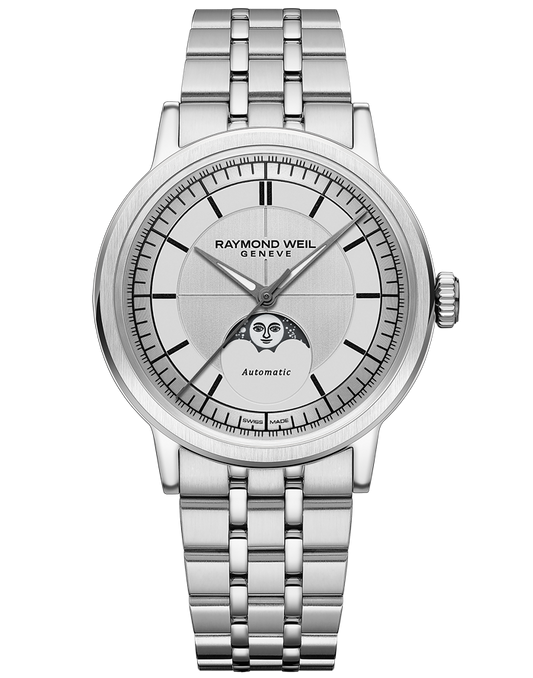 Raymond Weil Millesime Men's Automatic Moonphase Silver Dial Bracelet Watch, 39.5mm (2945-ST-65001)