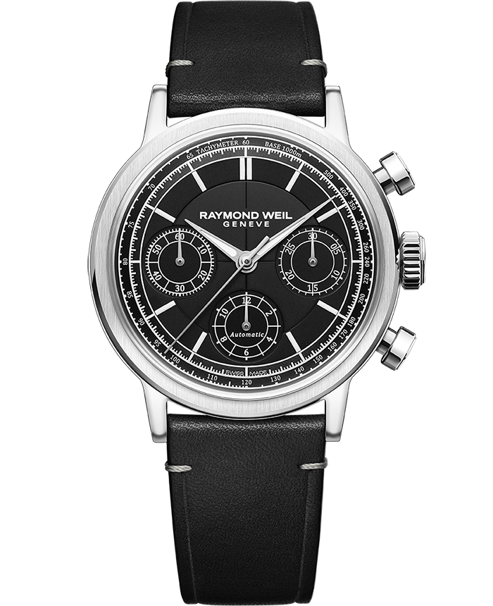 Raymond Weil Millesime Men's Automatic Chronograph Black Dial Black Leather Strap Watch, 39.5mm (7765-STC-20001)