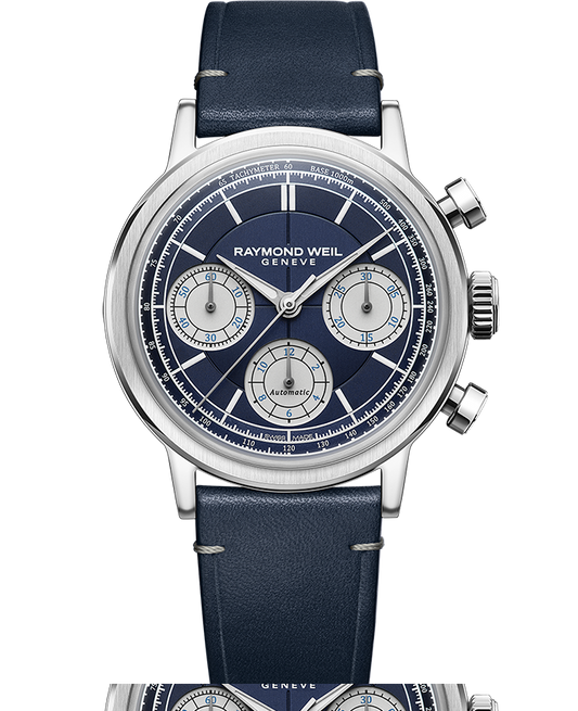 Raymond Weil Millesime Men's Automatic Chronograph Midnight Blue Dial Leather Strap Watch, 39.5mm (7765-STC-50651)