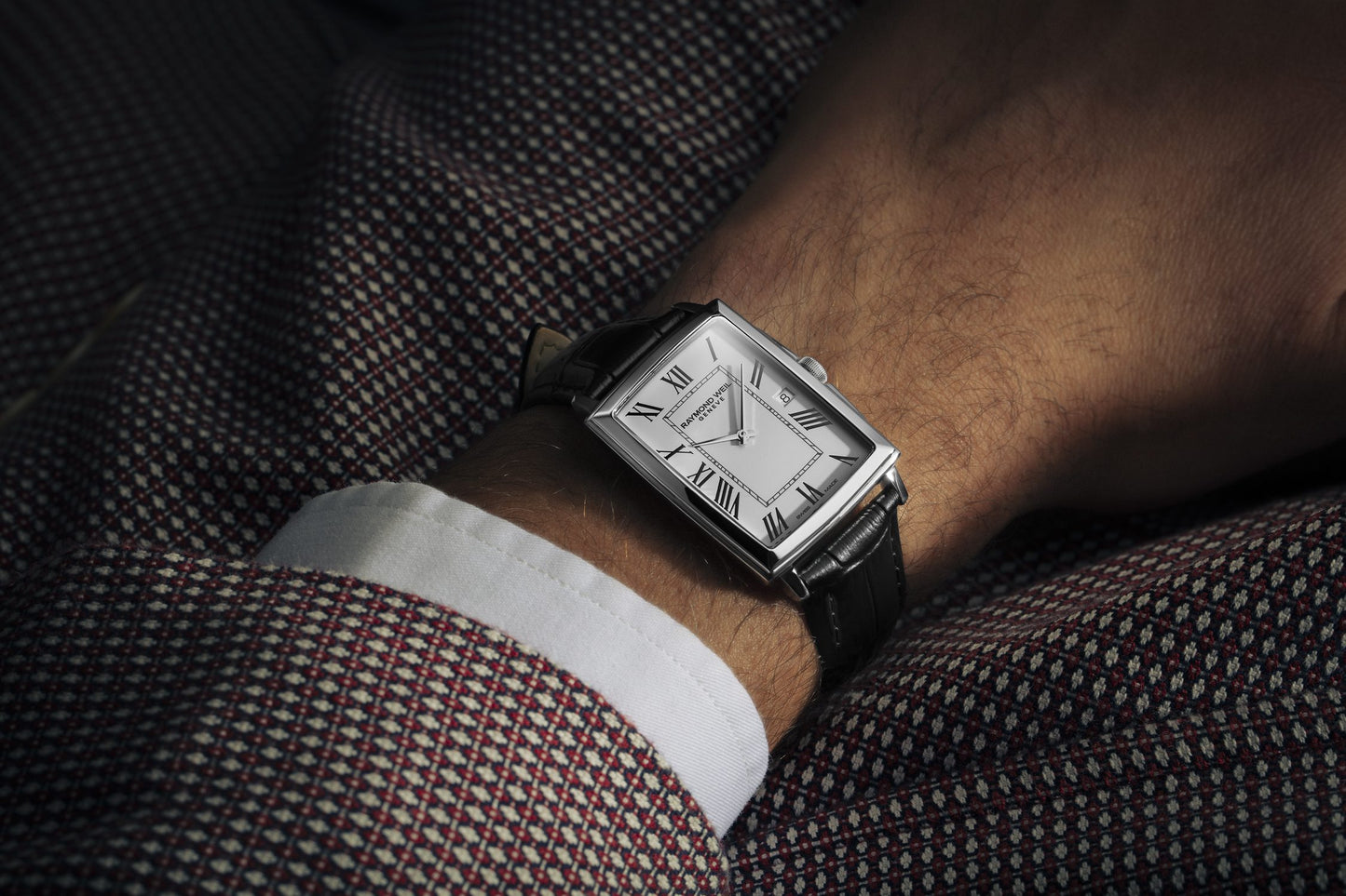 Raymond Weil Toccata 男士经典矩形不锈钢白色表盘黑色皮革 5425-STC-00300