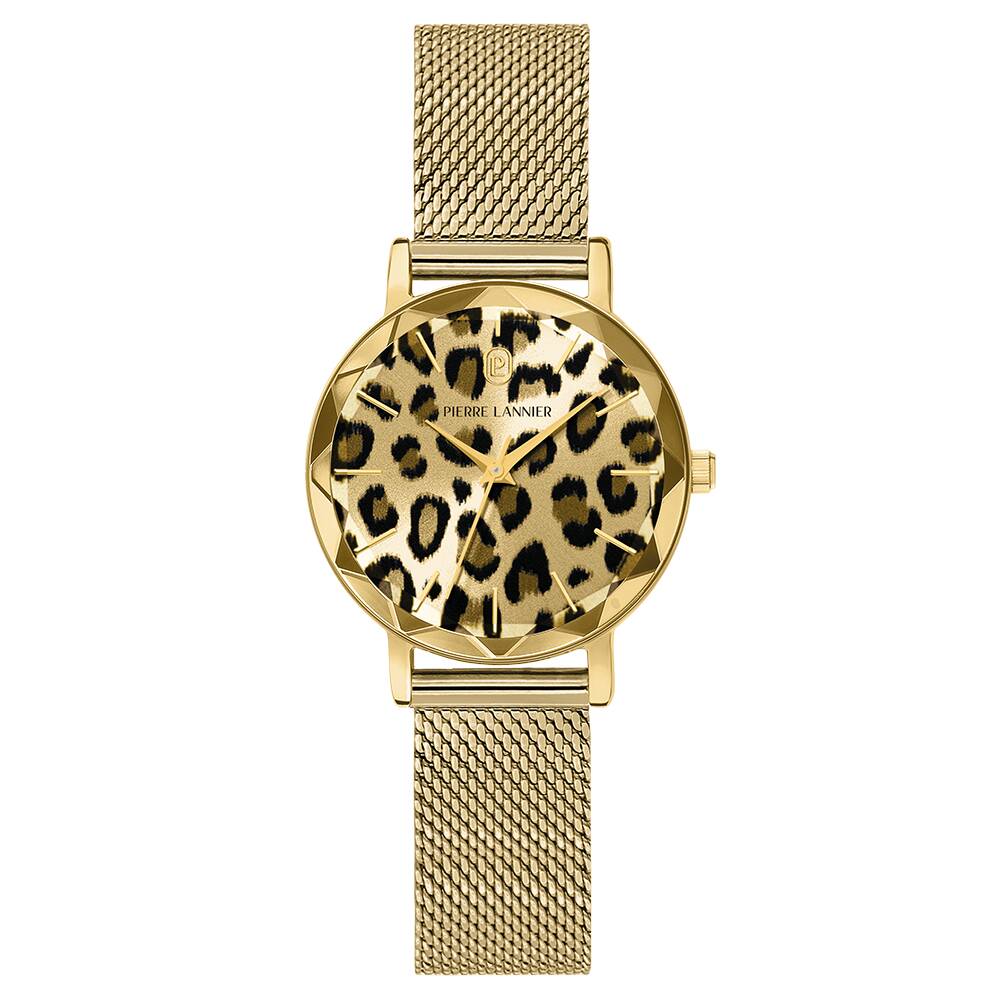 PIERRE LANNIER Ladies Quartz Watch MULTIPLES Leopard Dial Gold Milanese stainless steel 14MM Strap 008G592