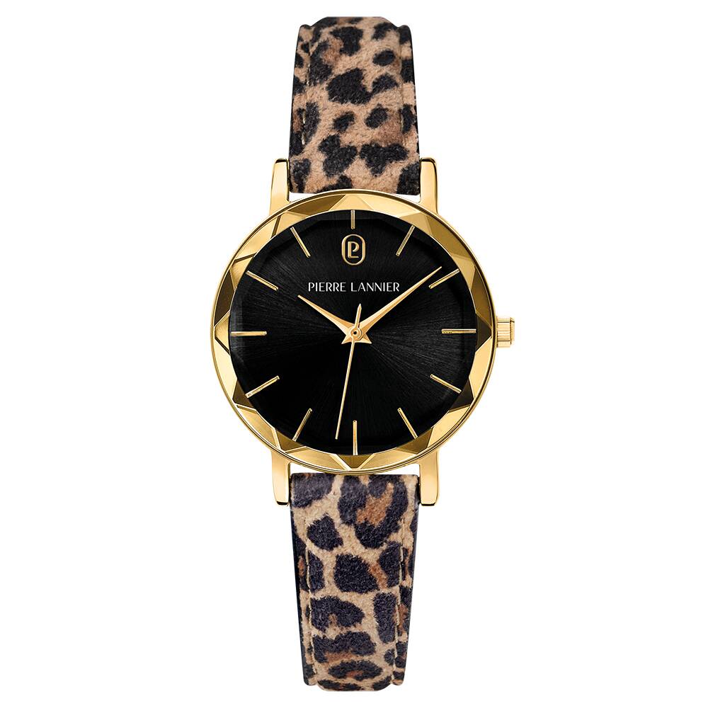 PIERRE LANNIER Ladies Quartz Watch MULTIPLES Sunray Black Dial Leopard Leather 14MM Strap 010P539