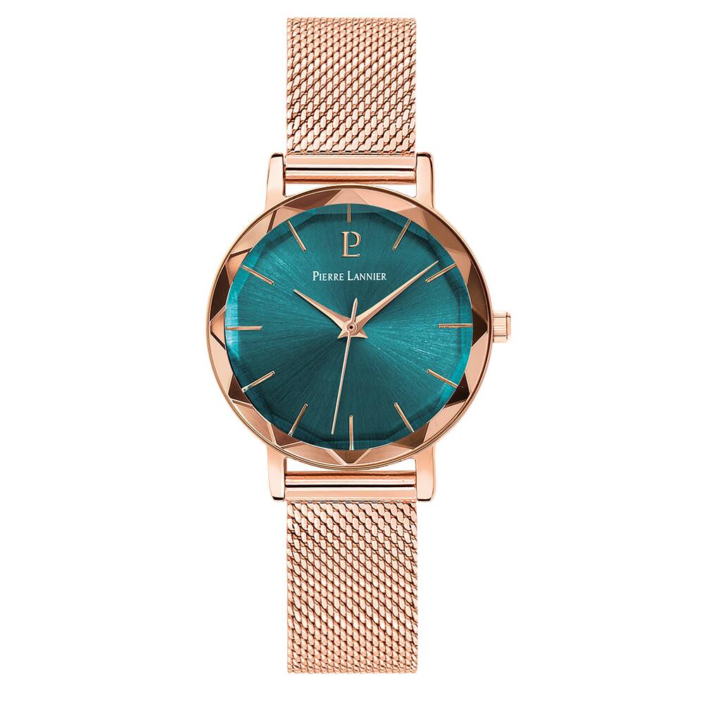 PIERRE LANNIER Ladies Quartz Watch MULTIPLES Sunray Green Dial Rose Gold Milanese stainless steel 14MM Strap 010P978