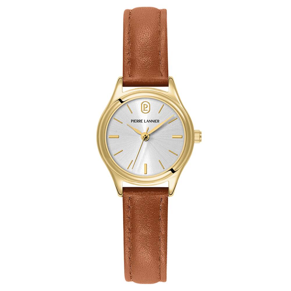PIERRE LANNIER Ladies Quartz Watch PYA Sunray Silver Dial Brown Leather 12MM Strap 021K524