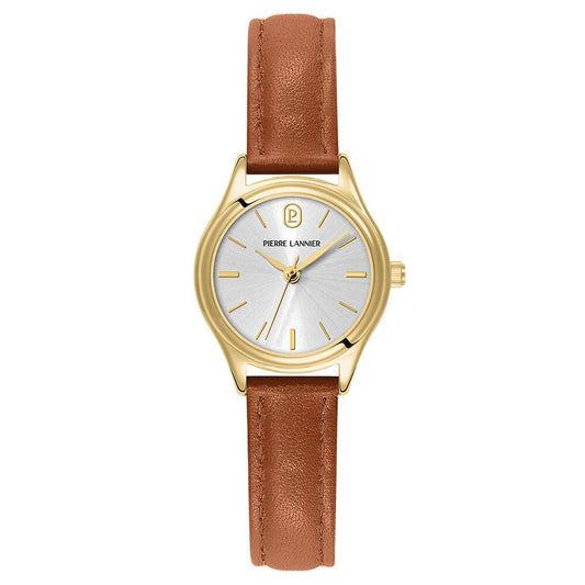 PIERRE LANNIER Ladies Quartz Watch PYA Sunray Silver Dial Brown Leather 12MM Strap 021K524
