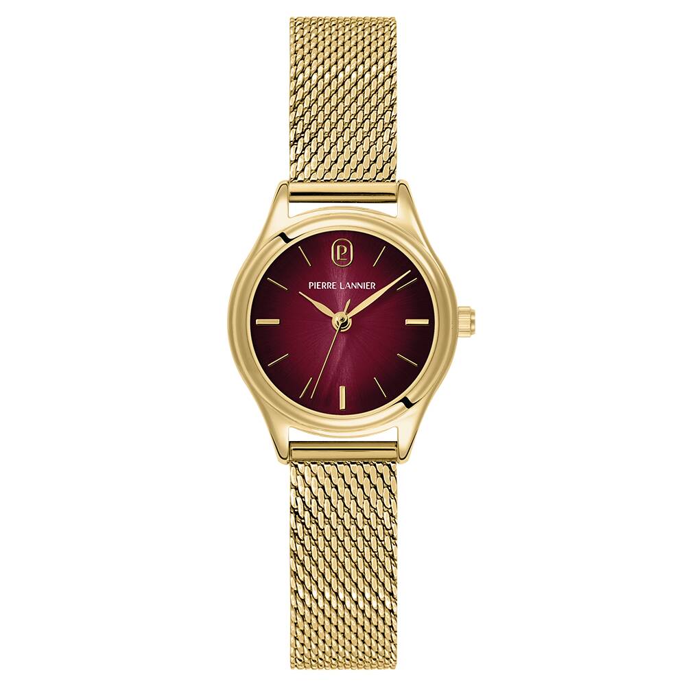 PIERRE LANNIER Ladies Quartz Watch PYA Rauchfarbene Burgundy Dial Gold Milanese stainless steel 12MM Strap 021K552