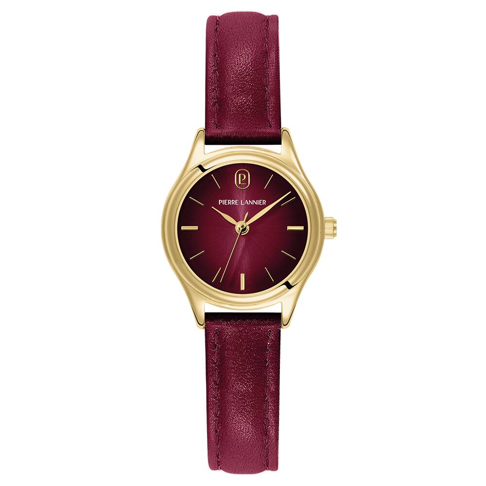 PIERRE LANNIER Ladies Quartz Watch PYA Rauchfarbene Burgundy Dial Burgundy Leather 12MM Strap 021K555