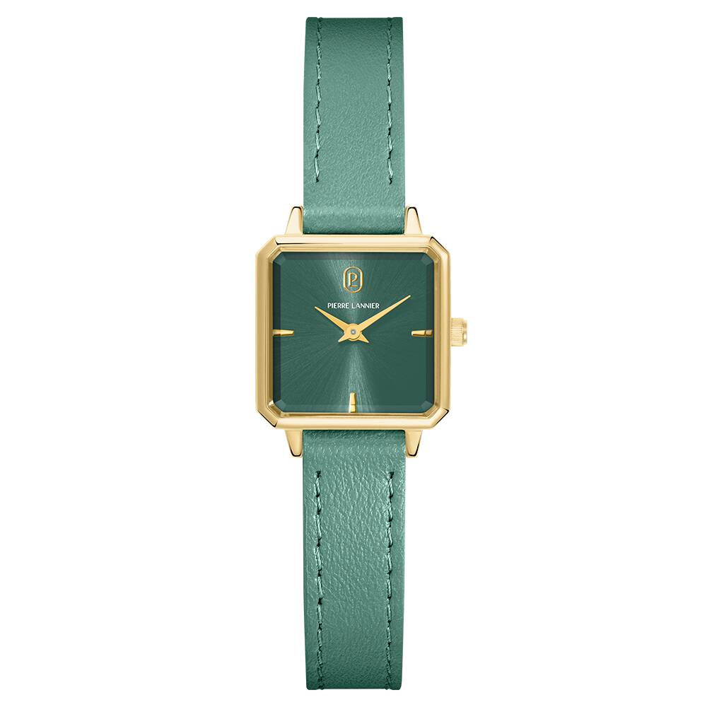 PIERRE LANNIER Ladies Quartz Watch LEONOR Sunray Green Dial Green Leather 12MM Strap 072J577