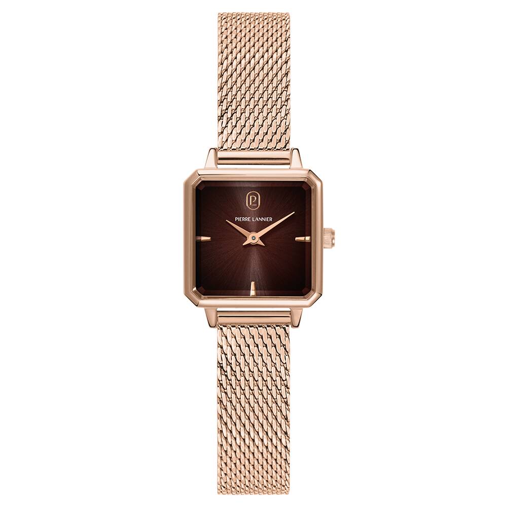PIERRE LANNIER Ladies Quartz Watch LEONOR Rauchfarbene Brown Dial Rose Gold Milanese stainless steel 12MM Strap 072J788