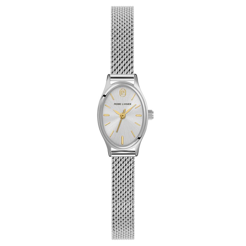 PIERRE LANNIER Ladies Quartz Watch OVALIA Sunray Silver Dial Silver Milanese stainless steel 8MM Strap 074M621