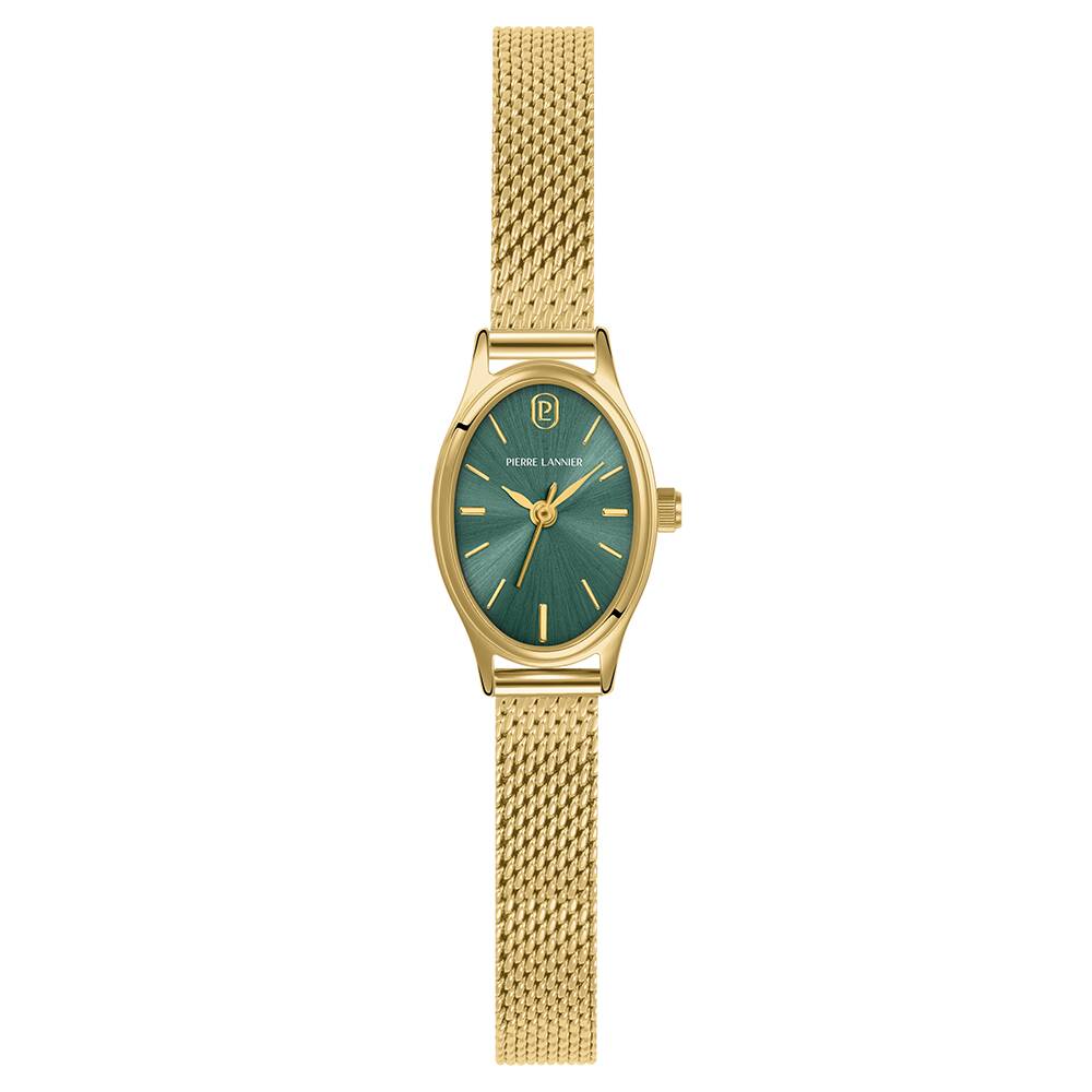PIERRE LANNIER Ladies Quartz Watch OVALIA Sunray Green Dial Gold Milanese stainless steel 8MM Strap 075K572