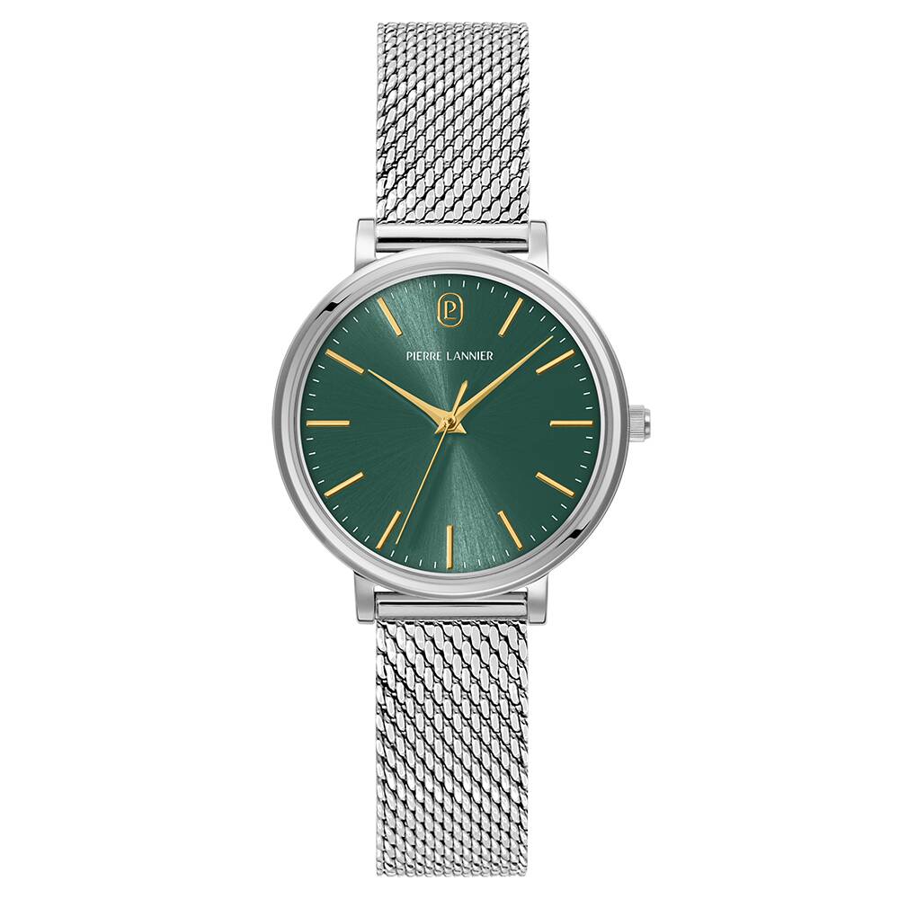 PIERRE LANNIER Ladies Quartz Watch ESSENTIAL Sunray Green Dial Silver Milanese stainless steel 14MM Strap 086L671