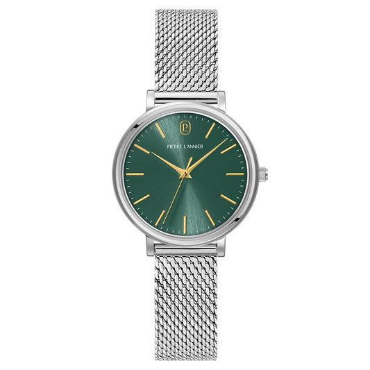 PIERRE LANNIER Ladies Quartz Watch ESSENTIAL Sunray Green Dial Silver Milanese stainless steel 14MM Strap 086L671