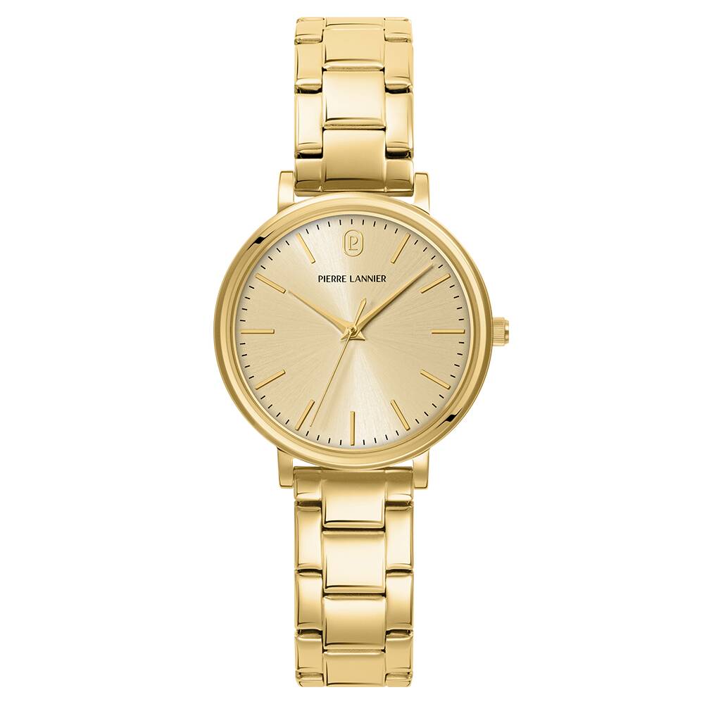 PIERRE LANNIER Ladies Quartz Watch ESSENTIAL Sunray Gold Dial Gold Stainless steel 14MM Strap 089K542