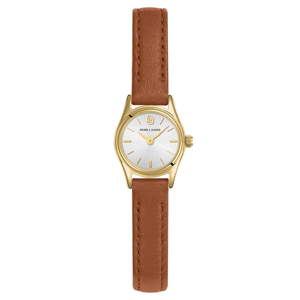 PIERRE LANNIER Ladies Quartz Watch PYA Sunray Silver Dial Brown Leather 10MM Strap 091M524