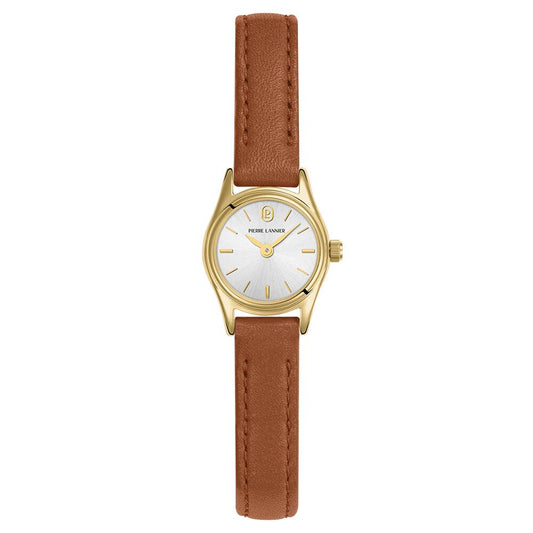 PIERRE LANNIER Ladies Quartz Watch PYA Sunray Silver Dial Brown Leather 10MM Strap 091M524