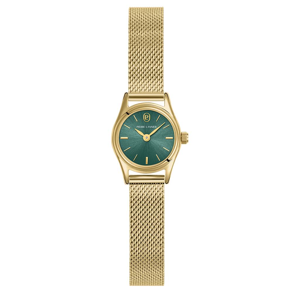 PIERRE LANNIER Ladies Quartz Watch PYA Sunray Green Dial Gold Milanese stainless steel 10MM Strap 091M572