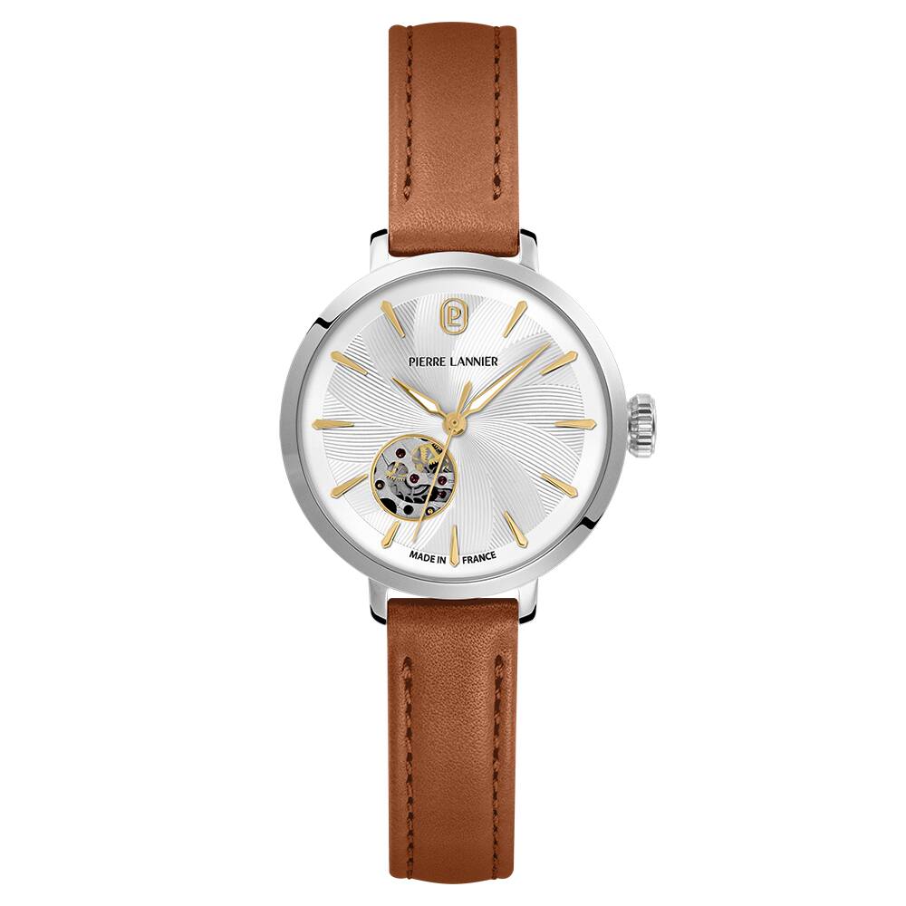PIERRE LANNIER Ladies Automatic Watch SOLINE Sunray Silver Dial Brown Leather 12MM Strap 138F624