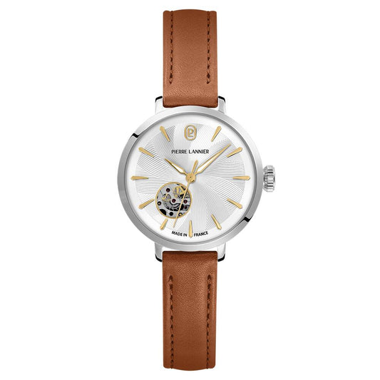 PIERRE LANNIER Ladies Automatic Watch SOLINE Sunray Silver Dial Brown Leather 12MM Strap 138F624