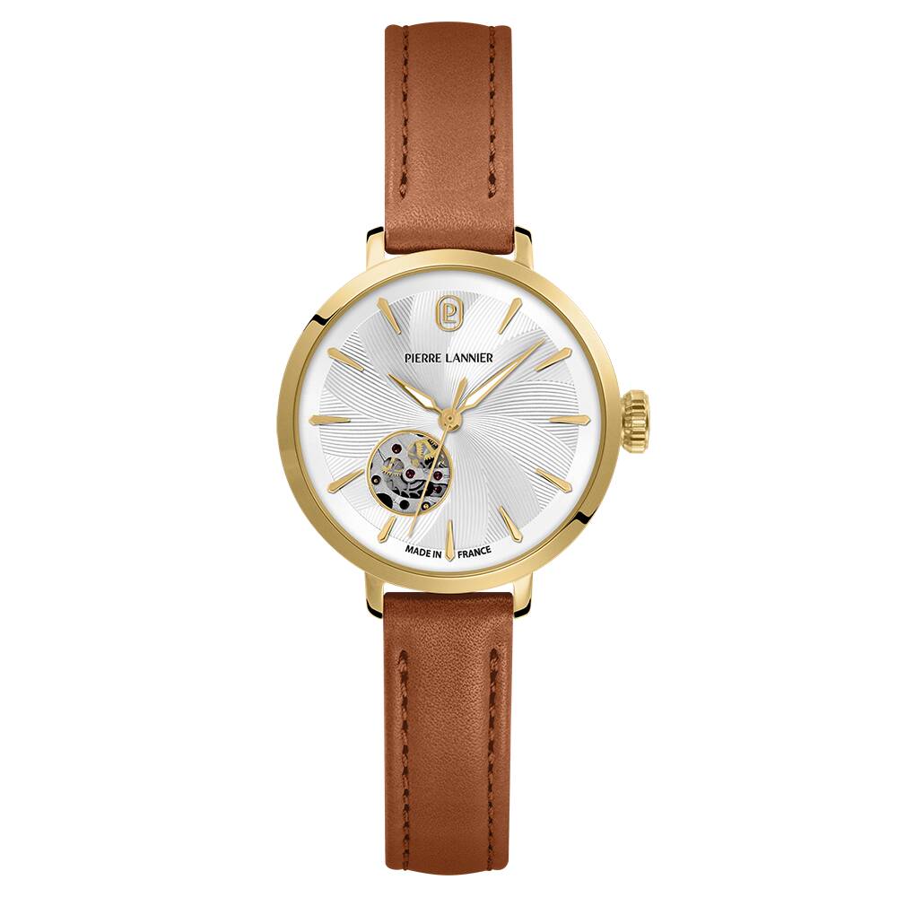 PIERRE LANNIER Ladies Automatic Watch SOLINE Sunray Silver Dial Brown Leather 12MM Strap 139L524