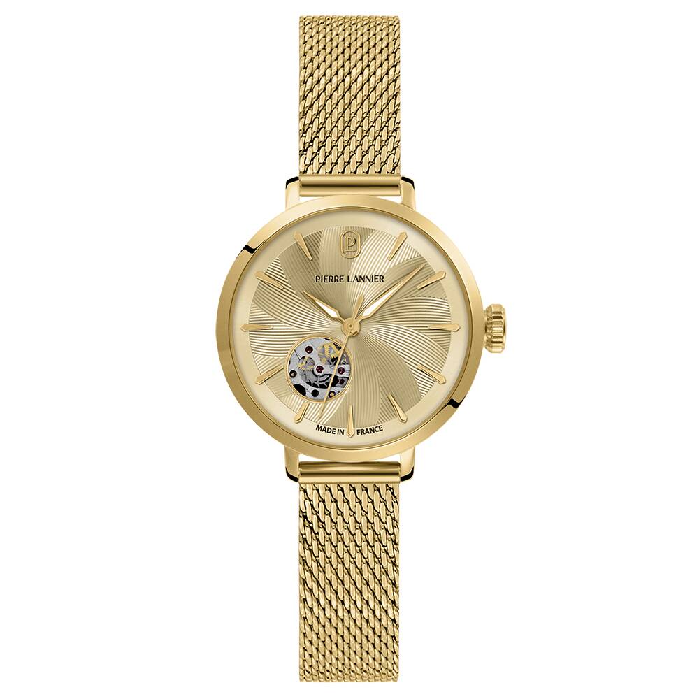 PIERRE LANNIER Ladies Automatic Watch SOLINE Sunray Gold Dial Gold Milanese stainless steel 12MM Strap 139L542