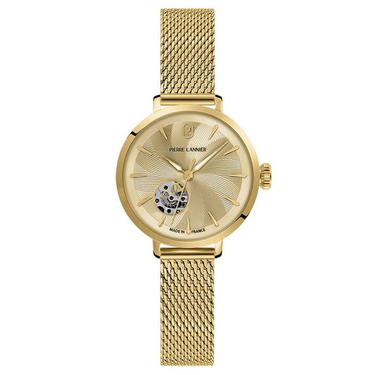PIERRE LANNIER Ladies Automatic Watch SOLINE Sunray Gold Dial Gold Milanese stainless steel 12MM Strap 139L542
